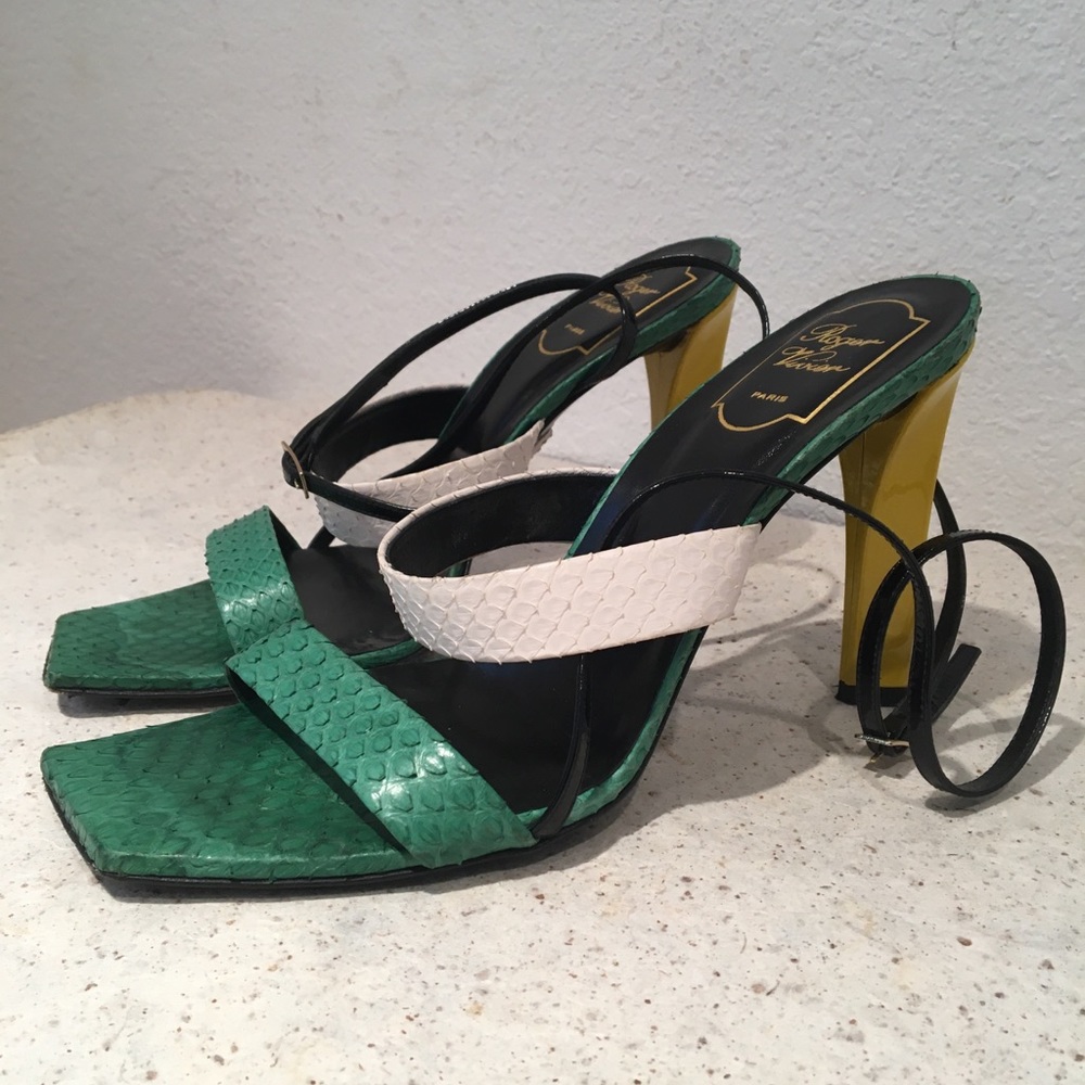 Roger Vivier REAL snakeskin ankle strap color block 4” heels vivid color combo 🐍